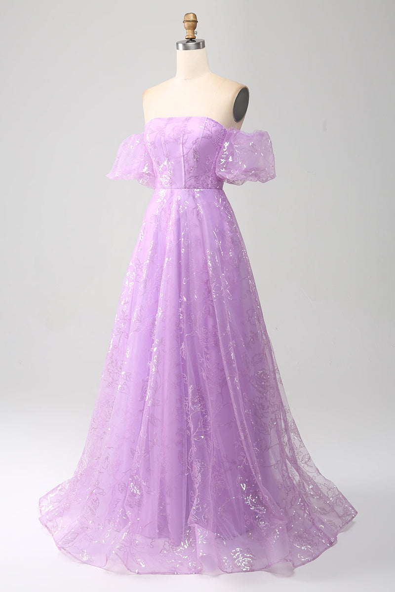 Load image into Gallery viewer, Lilac A Line Strapless Sparkly Sequin Long Prom Dress