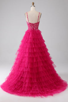 Fuchsia Princess A-Line Spaghetti Straps Sequin Tiered Long Prom Dress with Slit