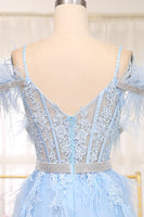 Load image into Gallery viewer, Light Blue A Line Appliqued Long Corset Prom Dress With Feathers