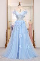 Load image into Gallery viewer, Light Blue A Line Appliqued Long Corset Prom Dress With Feathers