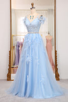 Load image into Gallery viewer, Light Blue A Line Appliqued Long Corset Prom Dress With Feathers