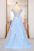 Load image into Gallery viewer, Light Blue A Line Appliqued Long Corset Prom Dress With Feathers