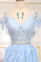 Load image into Gallery viewer, Light Blue A Line Appliqued Long Corset Prom Dress With Feathers