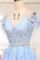Load image into Gallery viewer, Light Blue A Line Appliqued Long Corset Prom Dress With Feathers