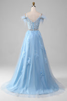Load image into Gallery viewer, Light Blue A-Line Rhinestones Accents Corset Prom Dress With Appliques