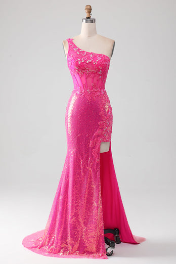 Sparkly Fuchsia Mermaid One Shoulder Appliques Prom Dress With Slit