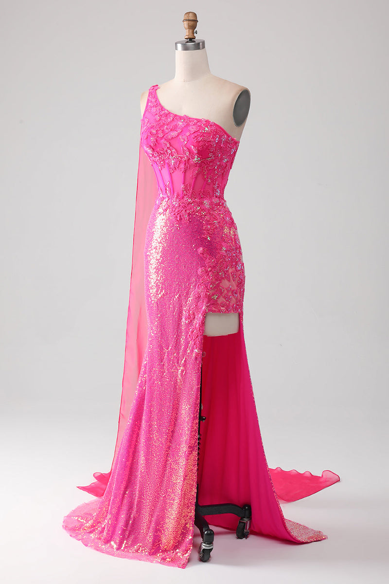 Load image into Gallery viewer, Sparkly Fuchsia Mermaid One Shoulder Appliques Prom Dress With Slit