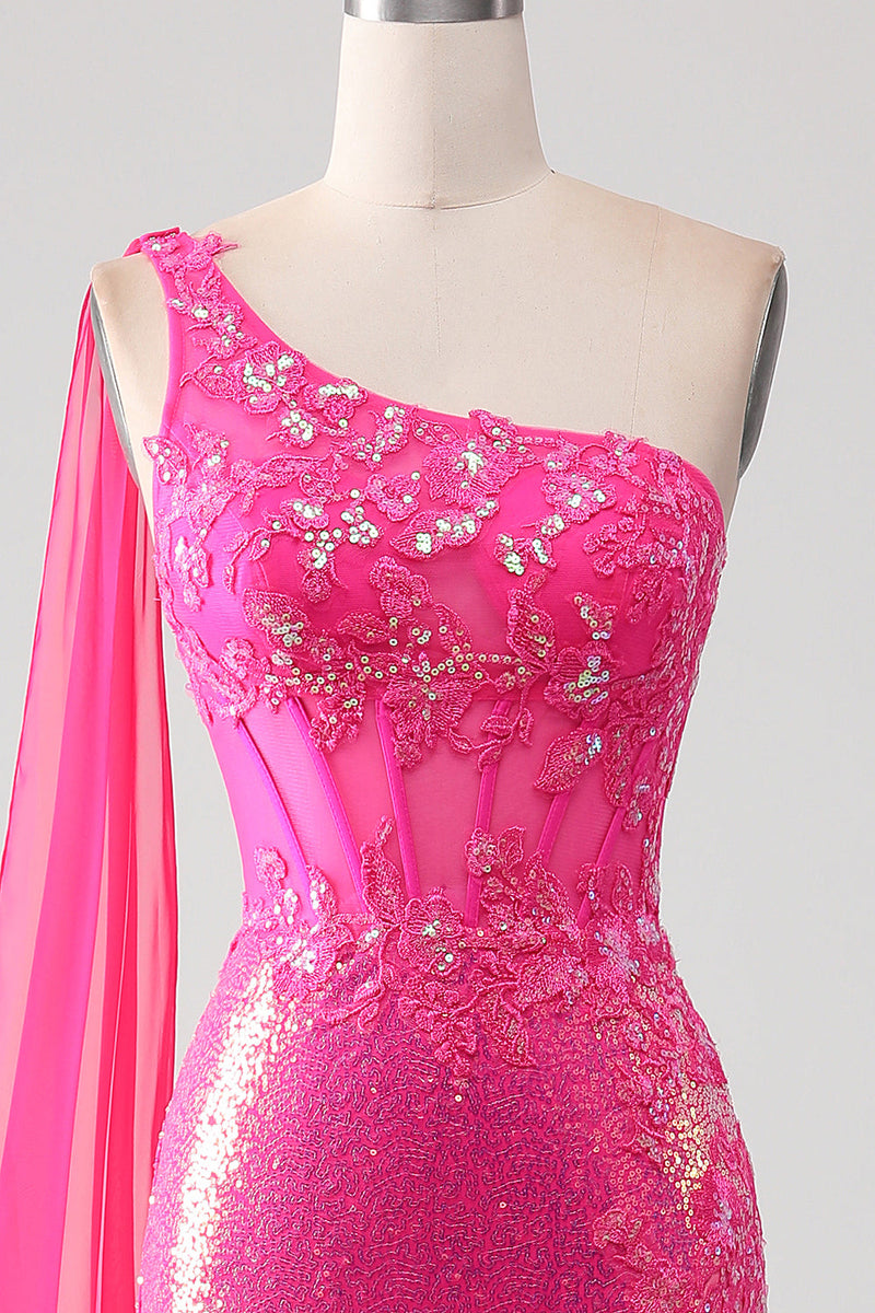 Load image into Gallery viewer, Sparkly Fuchsia Mermaid One Shoulder Appliques Prom Dress With Slit