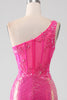 Load image into Gallery viewer, Sparkly Fuchsia Mermaid One Shoulder Appliques Prom Dress With Slit