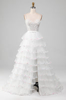 Load image into Gallery viewer, White A-Line Sparkly Sequin Ruffle Skirt Corset Prom Dress With Slit