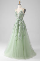 Load image into Gallery viewer, Sage A-Line Detachable Sleeves Long Corset Prom Dress with Flowers