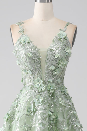 Sage A-Line Detachable Sleeves Long Corset Prom Dress with Flowers