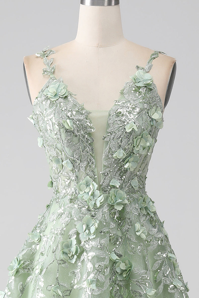 Load image into Gallery viewer, Sage A-Line Detachable Sleeves Long Corset Prom Dress with Flowers