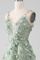 Load image into Gallery viewer, Sage A-Line Detachable Sleeves Long Corset Prom Dress with Flowers