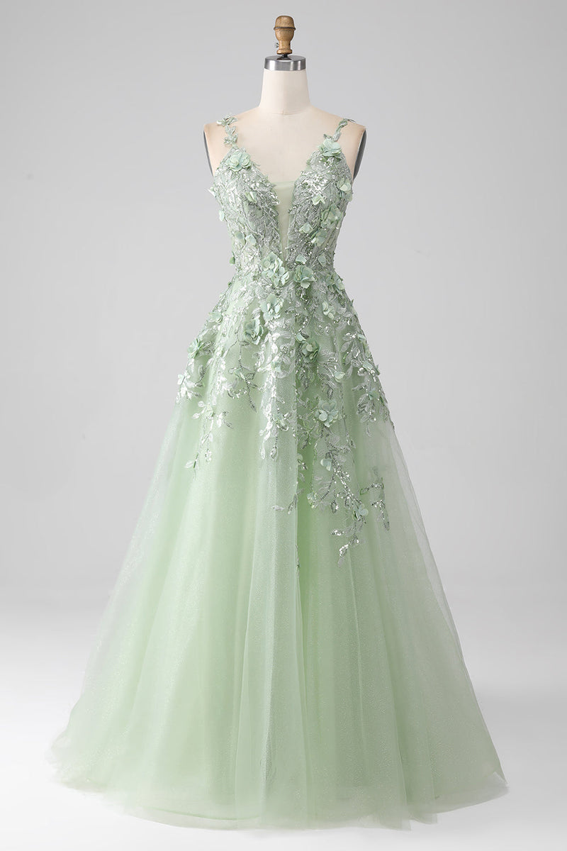 Load image into Gallery viewer, Sage A-Line Detachable Sleeves Long Corset Prom Dress with Flowers