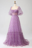 Load image into Gallery viewer, A-Line Square Neck Purple Corset Prom Dress with Half Sleeves