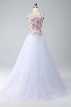 A-Line One Shoulder Pink Prom Dress with Appliques