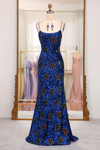 Sparkly Royal Blue Sequins Mermaid Long Prom Dress With Slit