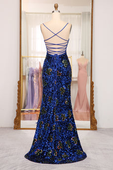 Sparkly Royal Blue Sequins Mermaid Long Prom Dress With Slit