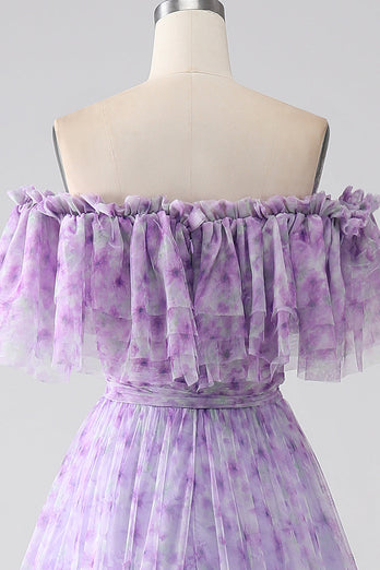Lilac Floral Off the Shoulder Long Ruffled Prom Dress