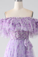Load image into Gallery viewer, Lilac Floral Off the Shoulder Long Ruffled Prom Dress