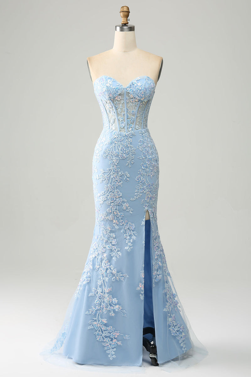Load image into Gallery viewer, Light Blue Mermaid Sweetheart Corset Appliques Prom Dress With Side Slit