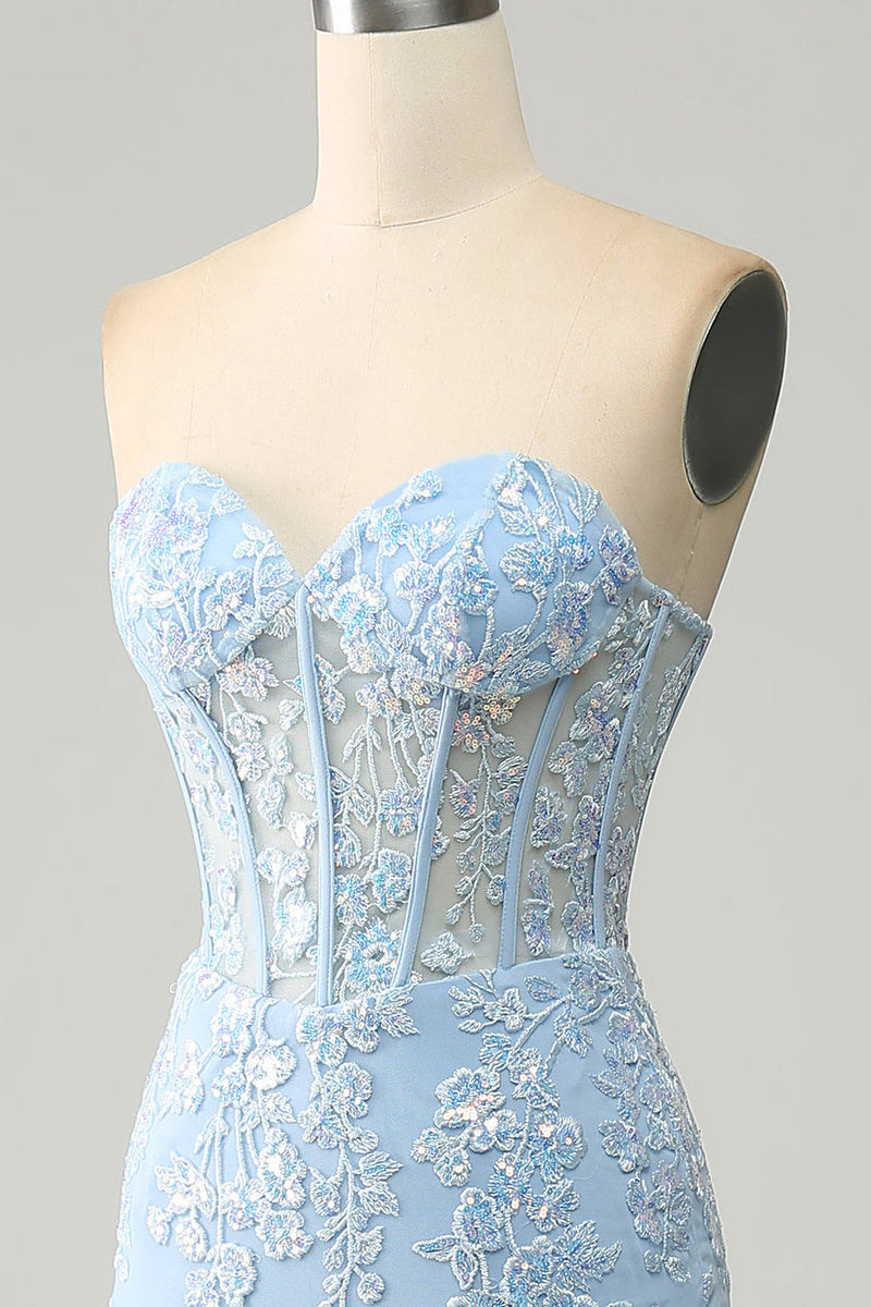 Load image into Gallery viewer, Light Blue Mermaid Sweetheart Corset Appliques Prom Dress With Side Slit