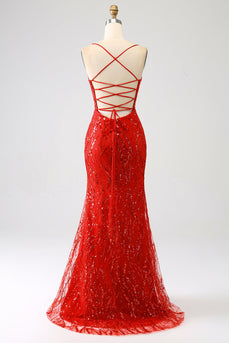 Glitter Red Mermaid Long Sequins Prom Dress with Slit