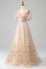 Load image into Gallery viewer, Champagne A-Line Floral Print Pleated Tiered Prom Dress With Puff Sleeves