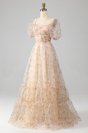 Champagne A-Line Floral Print Pleated Tiered Prom Dress With Puff Sleeves