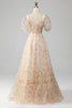 Load image into Gallery viewer, Champagne A-Line Floral Print Pleated Tiered Prom Dress With Puff Sleeves