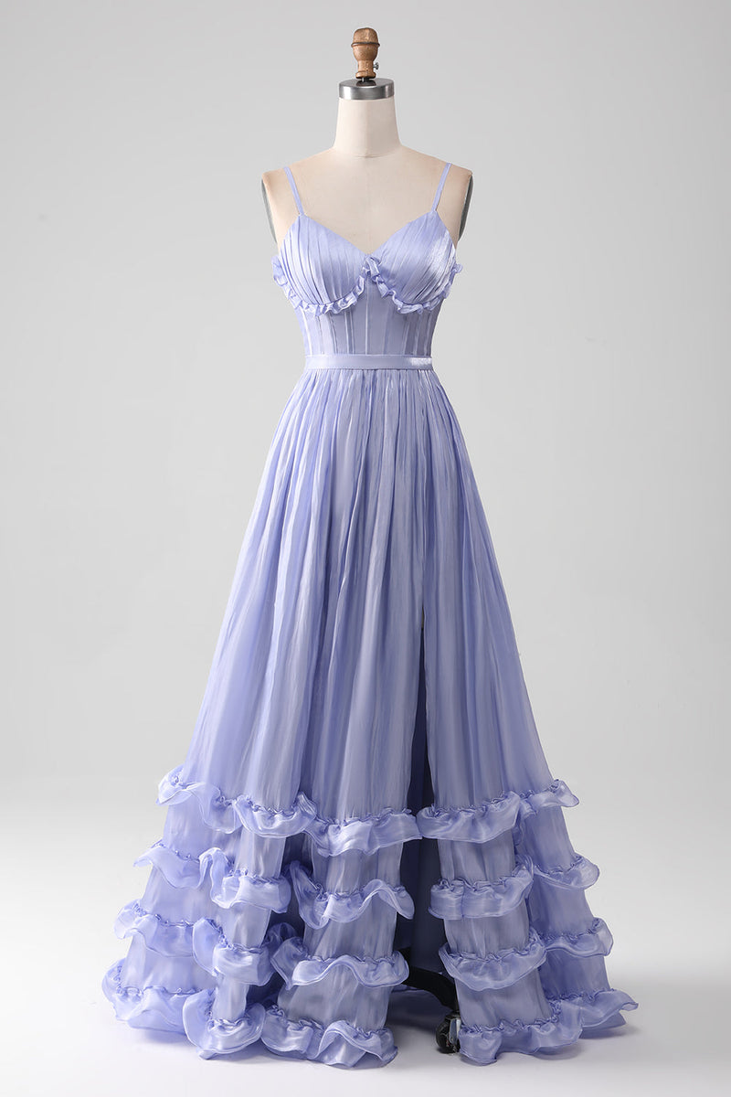 Load image into Gallery viewer, Lavender Spaghetti Straps A Line Ruffles Prom Dress with Slit