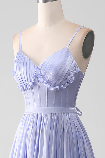 Lavender Spaghetti Straps A Line Ruffles Prom Dress with Slit