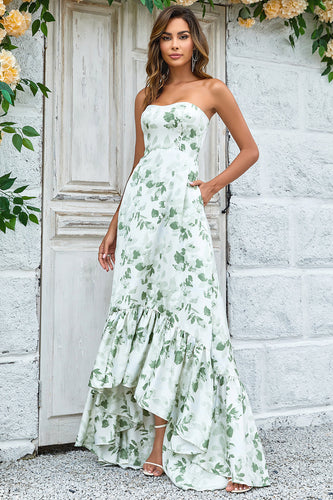 Green Asymmetrical Printed Long Prom Dress with Strapless