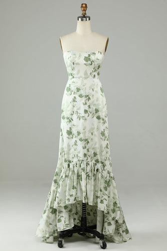 Asymmetrical Strapless Printed Green Long Prom Dress