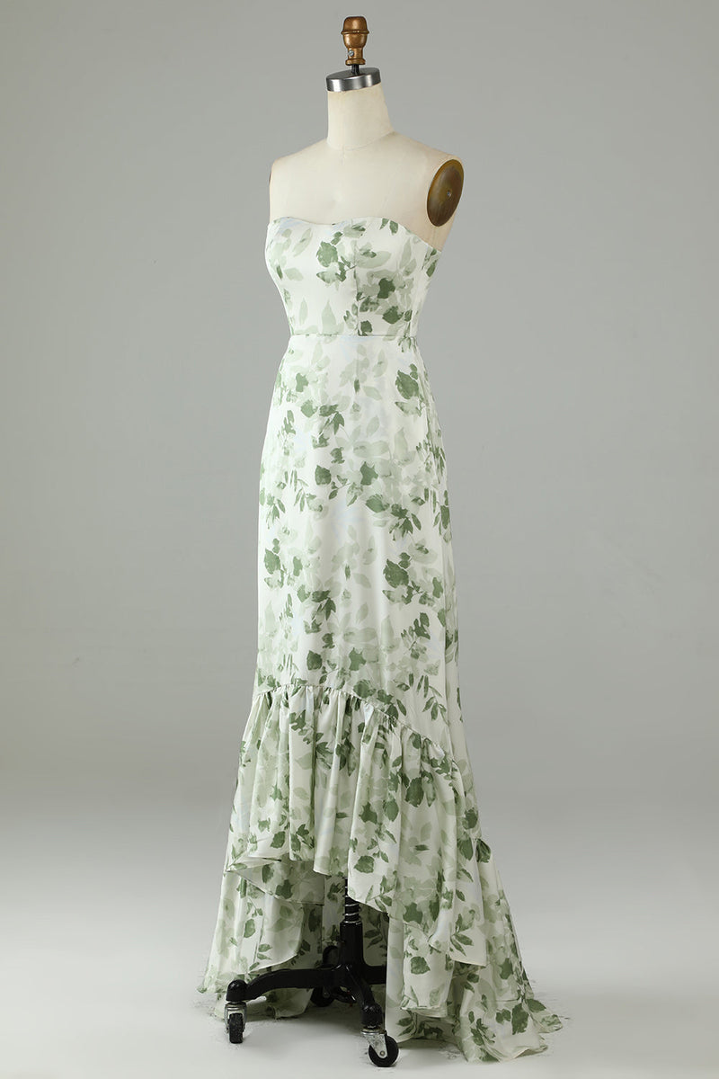 Load image into Gallery viewer, Asymmetrical Strapless Printed Green Long Prom Dress