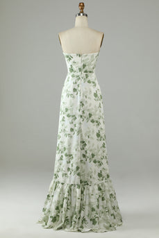 Asymmetrical Strapless Printed Green Long Prom Dress