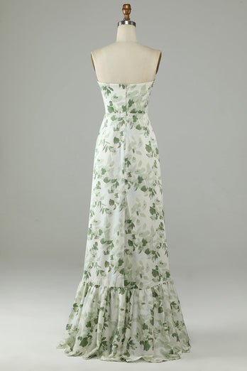 Asymmetrical Strapless Printed Green Long Prom Dress