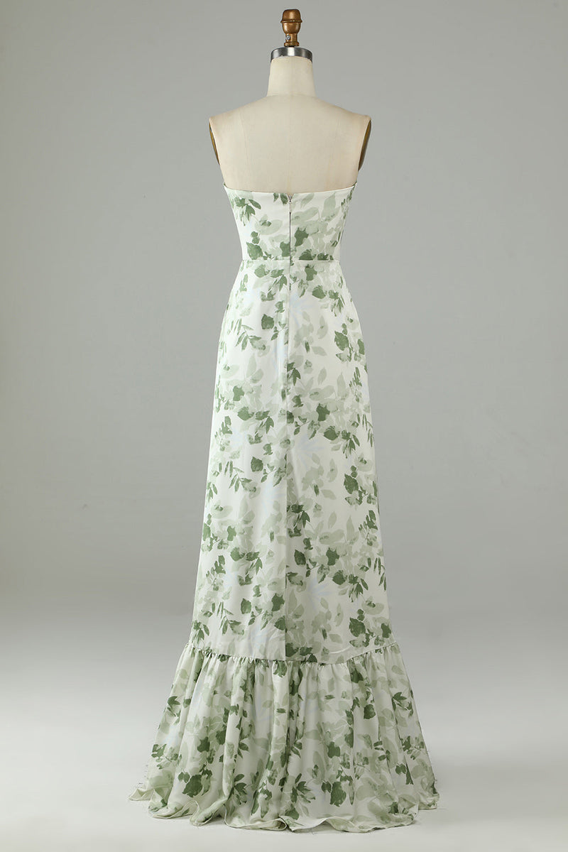 Load image into Gallery viewer, Asymmetrical Strapless Printed Green Long Prom Dress