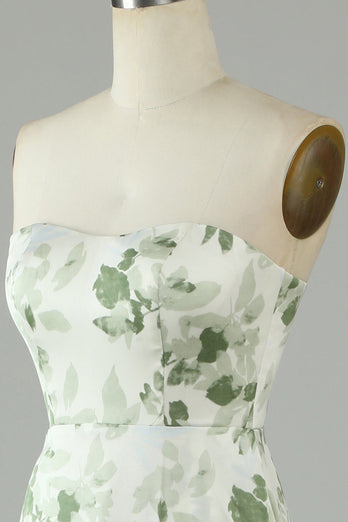 Asymmetrical Strapless Printed Green Long Prom Dress