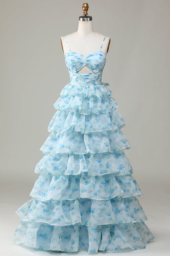 Spaghetti Straps Cut Out Tiered Blue Long Prom Dress
