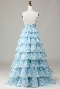 Spaghetti Straps Cut Out Tiered Blue Long Prom Dress