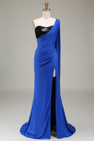 Load image into Gallery viewer, Royal Blue One Shoulder Satin and Sequin Mermaid Pleated Prom Dress with Slit
