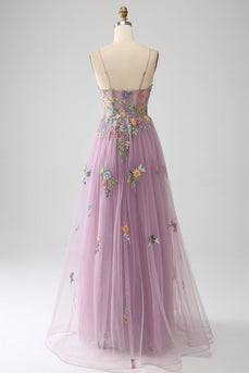 Mauve A-Line Spaghetti Straps Tulle Long Prom Dress With Embroidery