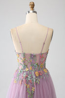 Load image into Gallery viewer, Mauve A-Line Spaghetti Straps Tulle Long Prom Dress With Embroidery