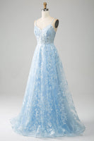 Load image into Gallery viewer, Sky Blue A-Line Spaghetti Straps Lace Long Corset Prom Dress