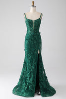 Load image into Gallery viewer, Dark Green Mermaid Spaghetti Straps Long Prom Dress with Appliques