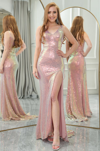 Sparkly Blush Mermaid Sequined V Neck Long Prom Dress With Slit