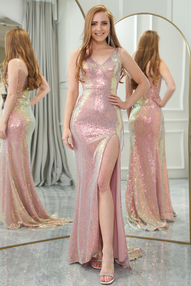 Load image into Gallery viewer, Sparkly Blush Mermaid Sequined V Neck Long Prom Dress With Slit