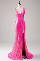 Load image into Gallery viewer, Sparkly Hot Pink Mermaid Prom Dress with Slit